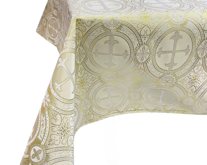 Beige/Gold - Rectangular Metallic Cross Brocade Jacquard Satin Tablecloth Overlay/Religious Brocade/Liturgical Fabric/Church.