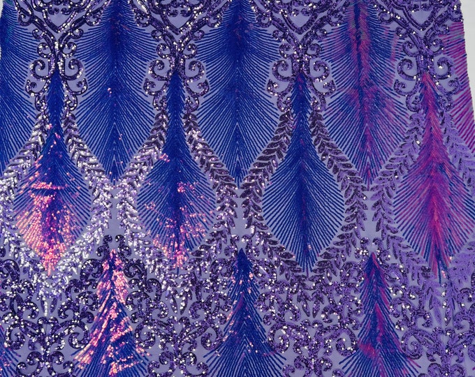 Rainbow iridescent/lavender Two tone damask design with sequins embroider on a 4 way stretch mesh fabric-sold by the yard.