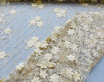Champagne Lia 3d floral design embroider with pearls in a mesh lace-dresses-fashion-decorations-prom-nightgown-sold by the yard.