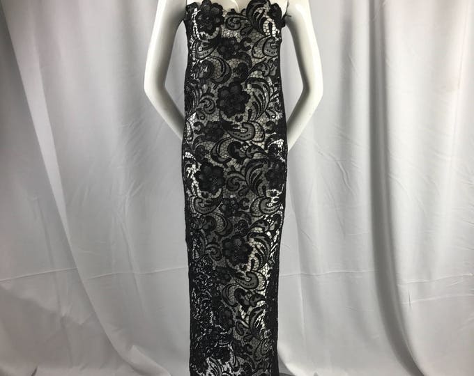 Black classy flower guipure design-prom-nightgown-decorations-apparel-fashion-dresses-sold by the yard.