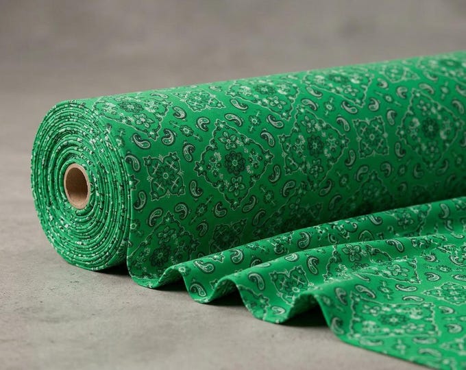 Green Metallic Bandanna Print Stretch Tricot Spandex Fabric by the Yard, 4 Way Stretch Nylon Lycra, Swimwear Dance Fabric 59/60” Wide