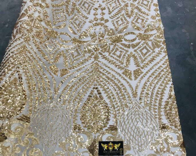 New gold shiny diamond design with sequins on a 4 way stretch mesh-prom-nightgown-sold by the yard-free shipping in the USA-