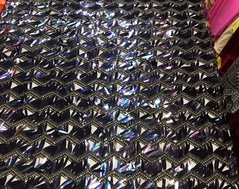 Black-purple chevron design embroidery with long sequins on a mesh lace-dresses-fashion-apparel-prom-decorations-nightgown-sold by the yard.