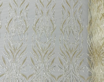 Ivory damask embroider and  clear heavy beaded on a mesh lace fabric-sold by the yard-