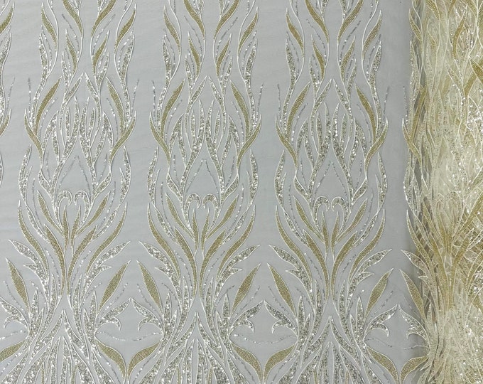 Ivory damask embroider and  clear heavy beaded on a mesh lace fabric-sold by the yard-