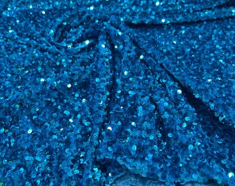 Turquoise stretch velvet with luxury sequins all over 5mm shining sequins 2-way stretch, sold by the yard.