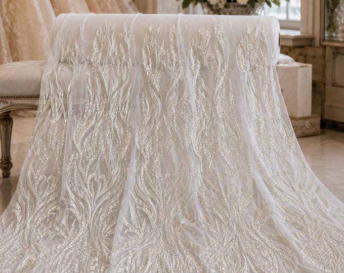 Ivory Damask Embroidered Beaded Mesh Lace Fabric By The Yard, Luxury Bridal Lace For Wedding Dresses, Prom Gowns & Couture Apparel
