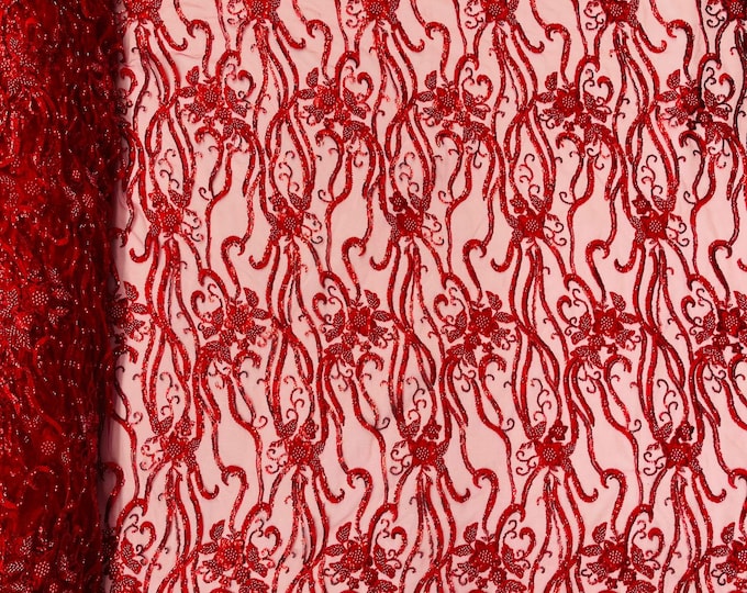 Red, Vine Floral Beaded Lace/Sequin Embroider Lace Fabric - Sold By the Yard.