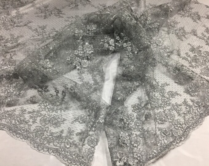 Sensational gray flowers Embroider And Corded On a Polkadot Mesh Lace-prom-nightgown-decorations-dresses-sold by the yard.