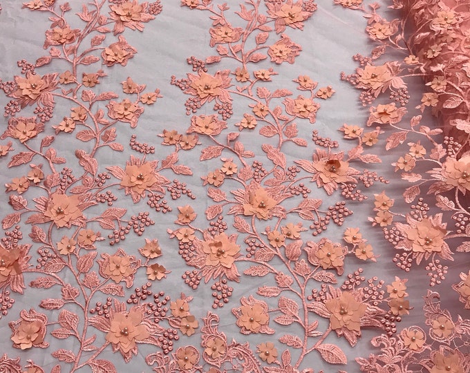 Coral-peach 3d floral design embroidery with pearls on a mesh lace-dresses-apparel-prom-fashion-nightgown-sold by the yard.