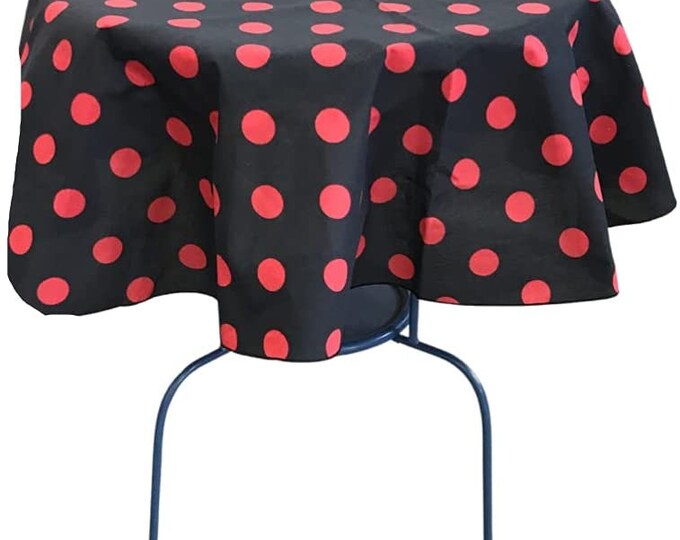 New Creations Fabric & Foam Inc, Round Poly Cotton Print Tablecloth (Polka Dot Red on Black. Choose Size Below