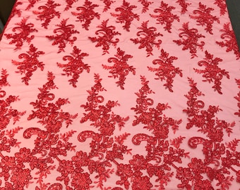 Red floral design embroidery on a mesh lace with sequins and cord-dresses-fashion-prom-nightgown-sold by the yard-free shipping in USA.