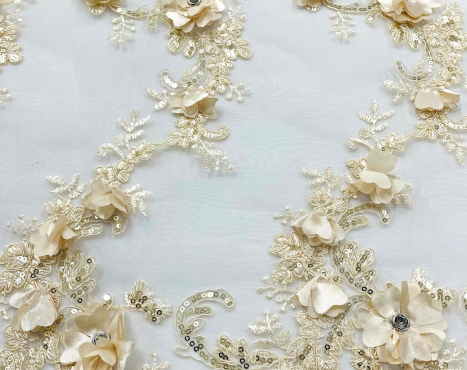 Champagne 3d floral design embroider and beaded with rhinestones on a mesh lace-prom-apparel-fashion-sold by yard.