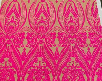 Hot pink hologram empire damask design with sequins embroider on a nude 4 way stretch mesh fabric-sold by the yard.