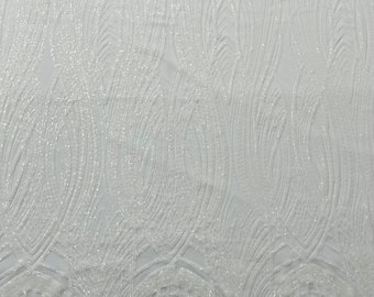 White Feather damask shiny sequin design on a 4 way stretch mesh Fabric-prom-sold by the yard.