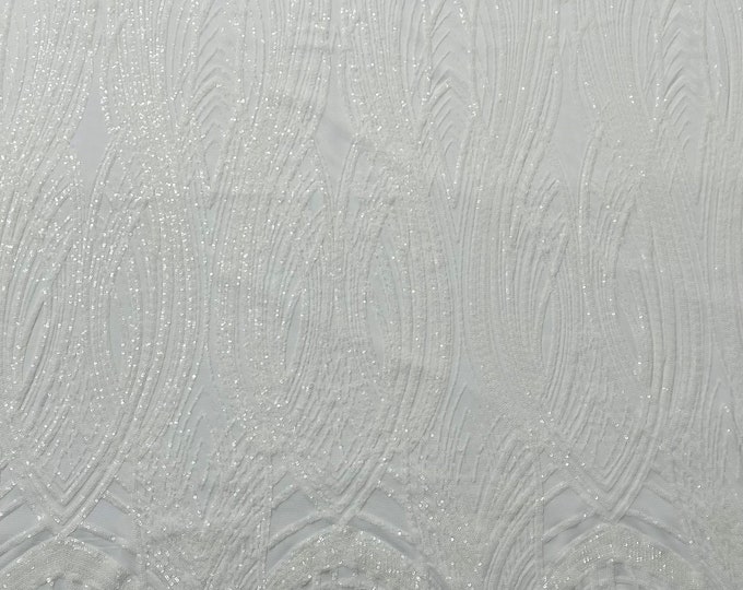 White Feather damask shiny sequin design on a 4 way stretch mesh Fabric-prom-sold by the yard.