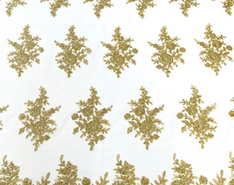 Metallic Gold floral corded embroider with sequins on a mesh lace fabric-prom-sold by the yard.