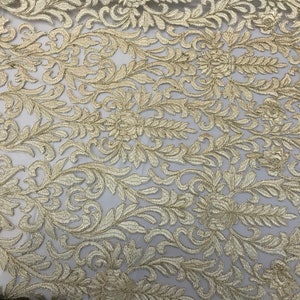DK-GOLD METALLIC DAMASK LACE EMBROIDERY ON A TEXTURE MESH-BY YARD.
