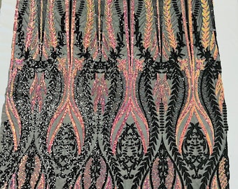 Rainbow iridescent/black Two tone damask design with sequins embroider on a black 4 way stretch mesh fabric-sold by the yard.