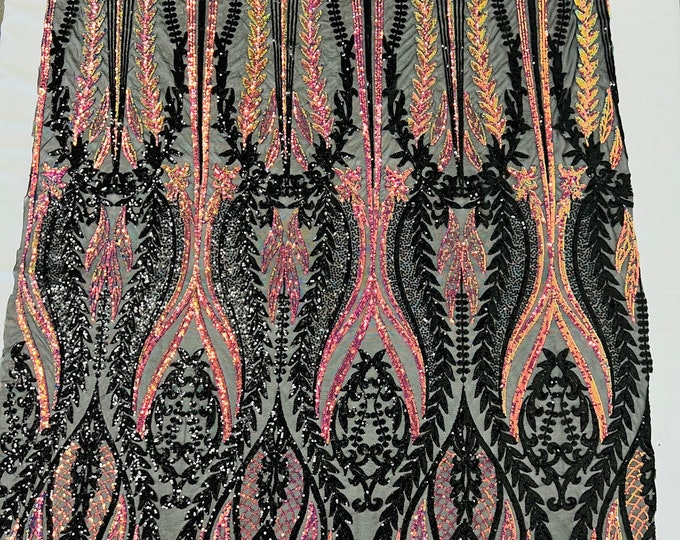 Rainbow iridescent/black Two tone damask design with sequins embroider on a black 4 way stretch mesh fabric-sold by the yard.