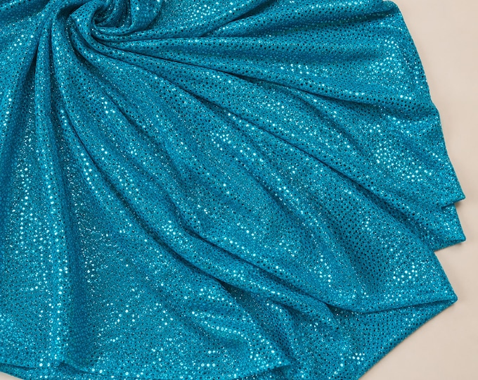 Turquoise Faux Sequin Knit Fabric By The Yard, Lightweight Shiny Dot Confetti Fabric, Costume Apparel Craft Fabric