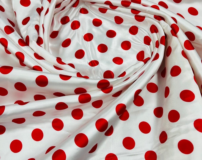 Red 1/2 inch Multi Color Polka Dot On A White Soft Charmeuse Satin Fabric Sold By The Yard-60" Wide 100% Polyester.