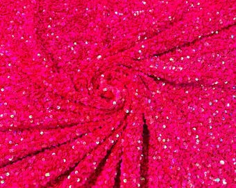 Hot Pink Iridescent All-Over 5mm Shiny Sequins Stretch Velvet 54" Wide.