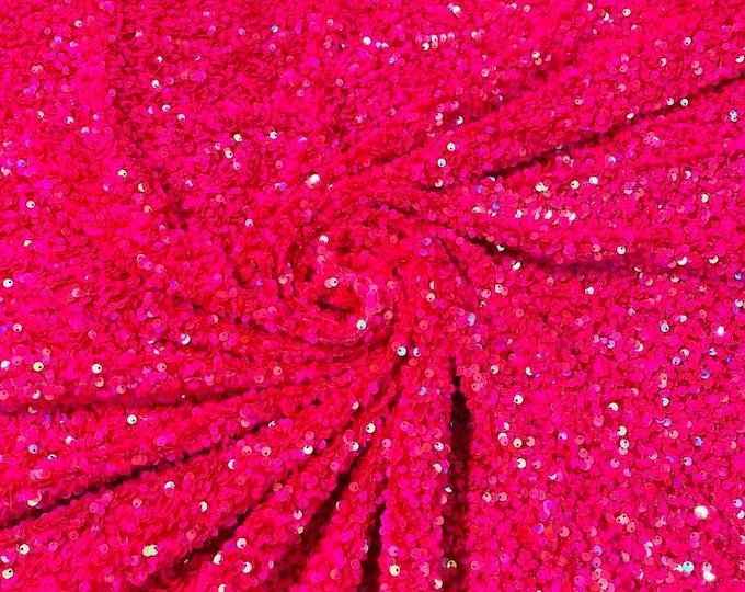 Hot Pink Iridescent stretch velvet with luxury sequins all over 5mm shining sequins 2-way stretch, sold by the yard.