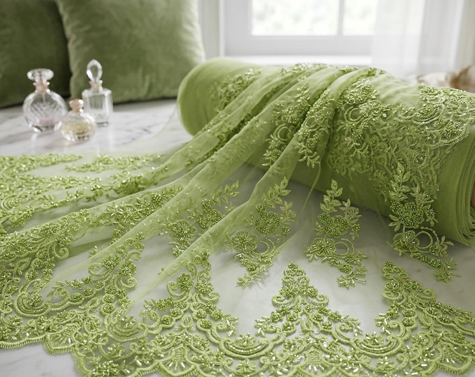 Kiwi Green Beaded Floral Mesh Lace Fabric By The Yard, Embroidered Bridal Lace For Prom Dresses, Wedding Gowns & Couture Apparel