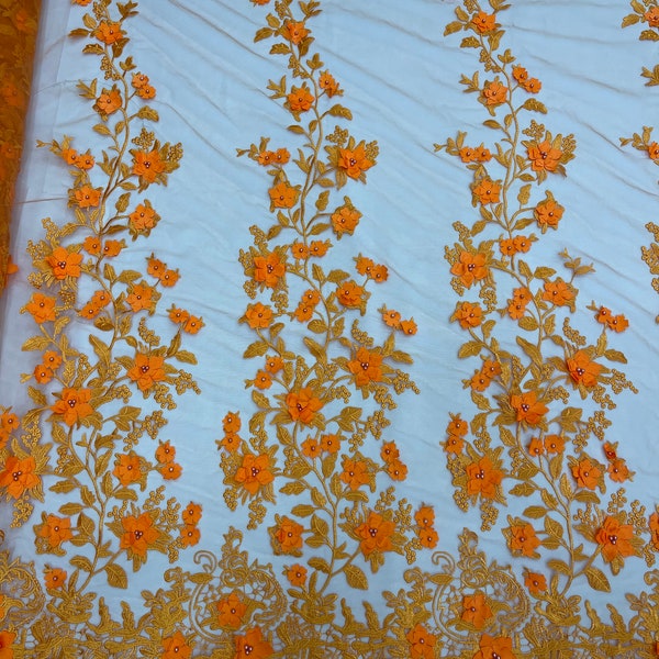 Orange princess 3d floral design embroider and beaded with pearls on a mesh lace-dresses-prom-nightgown-apparel-fashion-sold by yard.