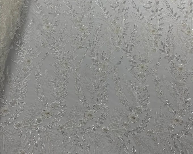 Ivory - Feather and Vine Beaded Lace Fabric, by The Yard.