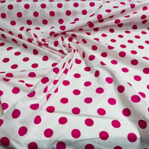 Fuchsia Dot On White 58&quot; Wide Premium 1 inch Polka Dot Poly Cotton Fabric Sold By The Yard.