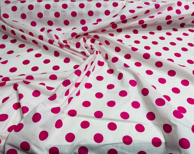 Fuchsia Dot On White 58" Wide Premium 1 inch Polka Dot Poly Cotton Fabric Sold By The Yard.