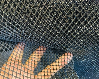 Black Rhinestones On Soft Stretch Fish Net Fabric 45" Wide -sold by The Yard.