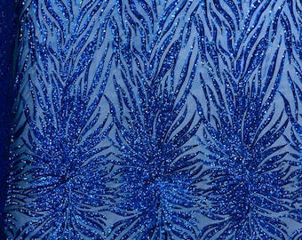 Royal Blue - Phoenix feather design with sequins embroider on a red 4 way stretch mesh fabric-sold by the yard.