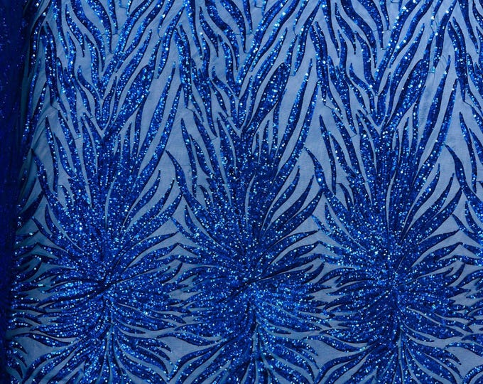Royal Blue - Phoenix feather design with sequins embroider on a red 4 way stretch mesh fabric-sold by the yard.