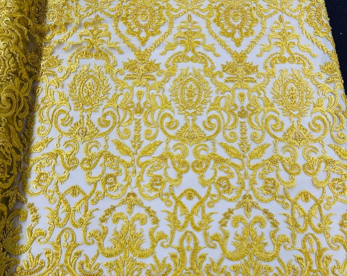 Yellow floral damask embroider and heavy beaded on a mesh lace fabric-sold by the yard-