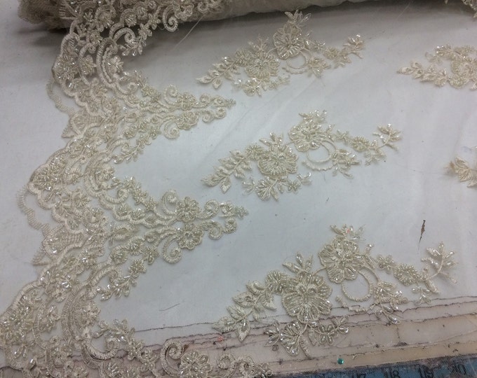 Elegant ivory hand beaded mesh lace. Wedding/Bridal-prom-nightgown fabric lace.36x50inches. Sold by the yard.