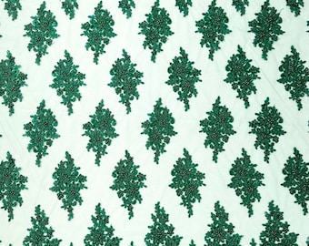 Hunter Green - Erin Diamond Beaded Metallic Floral Embroider On a Mesh Lace Fabric-Sold By The Yard-