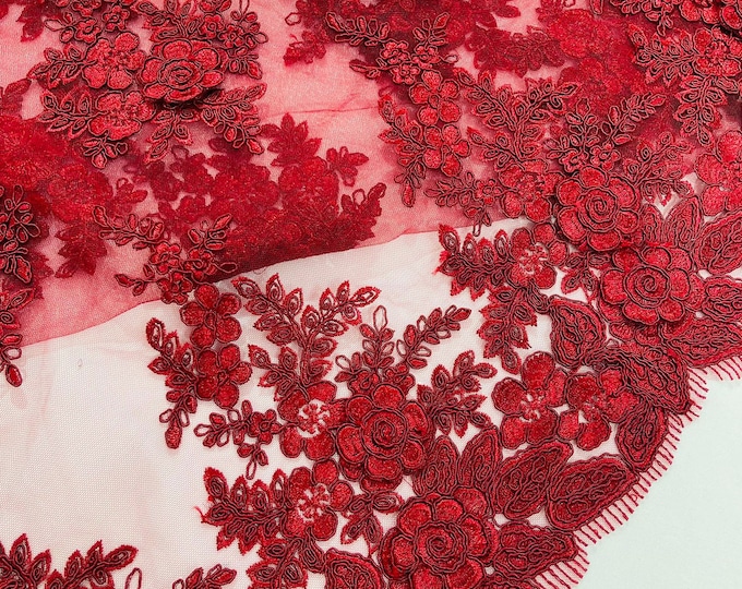 Burgundy corded lace 3d floral embroider sold by the yard.