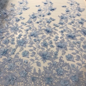 Sky blue 3d floral design embroidery with pearls on a mesh lace-dresses-apparel-fashion-prom-nightgown-sold by the yard.