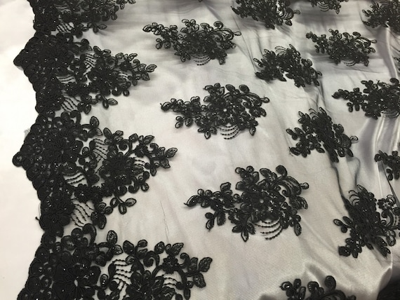 Black Flowers Embroider With Sequins And Corded On A Mesh-Sold By Yard.