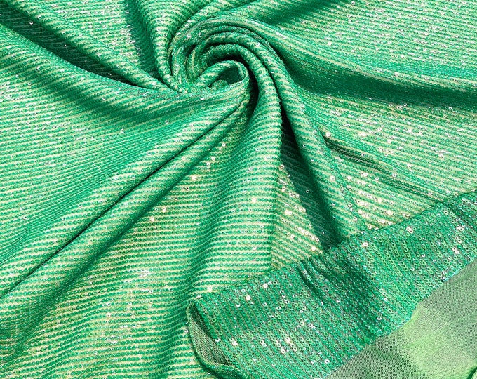 Green chain shiny sequins design on a 4 way stretch mesh fabric -prom-sold by the yard.