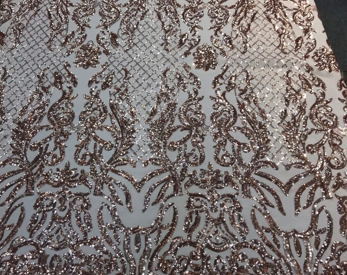 Gold rose sequins damask design embroidery on a nude 4 way stretch power mesh-dresses-apparel-fashion-prom-nightgown-sold out by the yard.