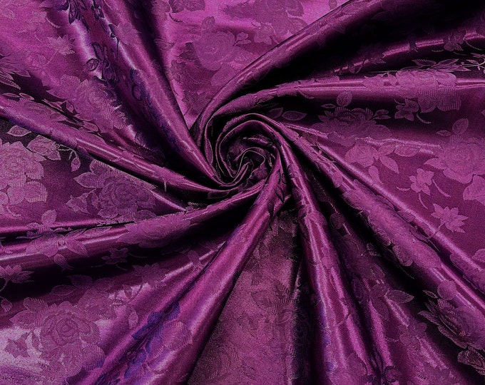 Dark Purple 60" Wide Polyester Big Roses/Flowers Brocade Jacquard Satin Fabric/Cosplay Costumes, Skirts, Table Linen/Sold By The Yard.