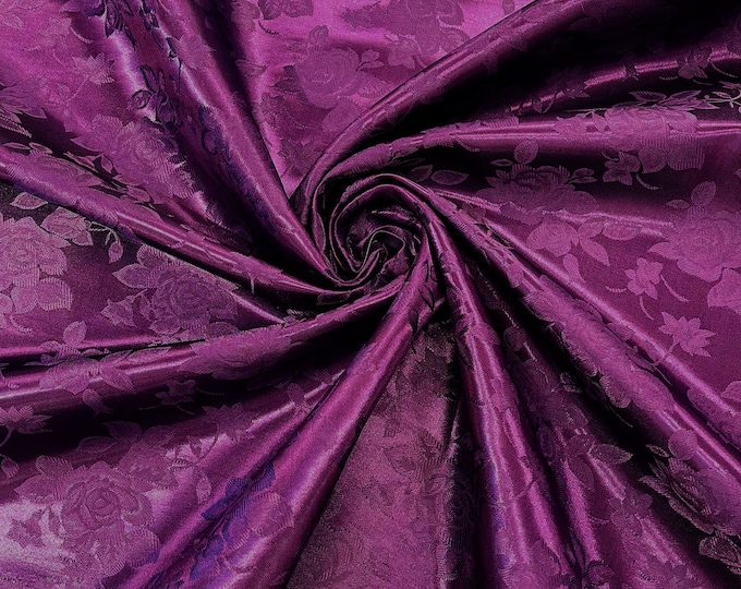 Dark Purple 60" Wide Polyester Big Roses/Flowers Brocade Jacquard Satin Fabric/Cosplay Costumes, Skirts, Table Linen/Sold By The Yard.