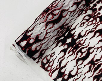 White - Power Mesh with Black Flocking Flames and Red Glitter Fabric-60” Wide-Hot Rod.
