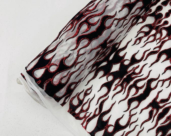 White - Power Mesh with Black Flocking Flames and Red Glitter Fabric-60” Wide-Hot Rod.