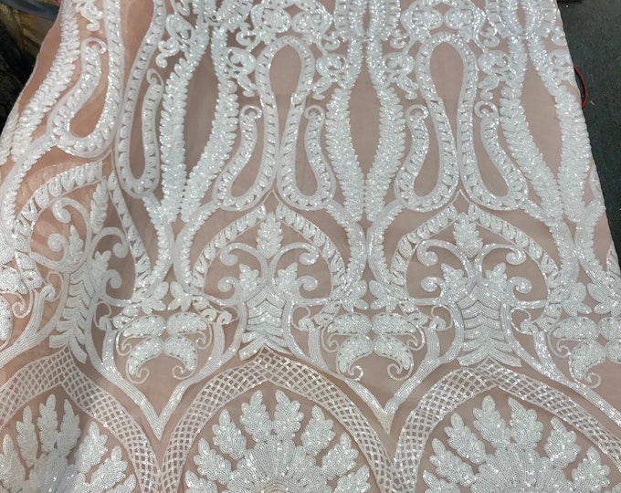 White sequin damask design  embroidery on a blush nude 4 way stretch mesh-prom-nightgown-sold by the yard-free shipping in the USA-