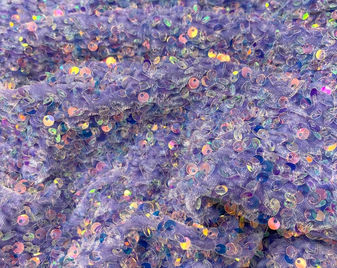 Clear Iridescent On Lavender stretch velvet with luxury sequins all over 5mm shining sequins 2-way stretch, sold by the yard.
